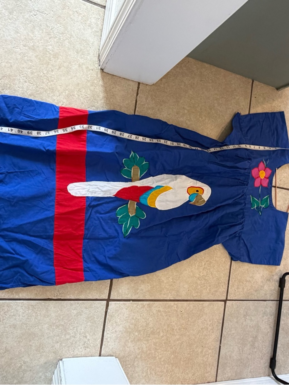 Blue Mexican Embroidered Parrot Dress with Red Band check measurements - Picture 3 of 4